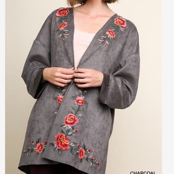 Floral Embroidered Open Front Faux Suede Jacket - Picture 1 of 4